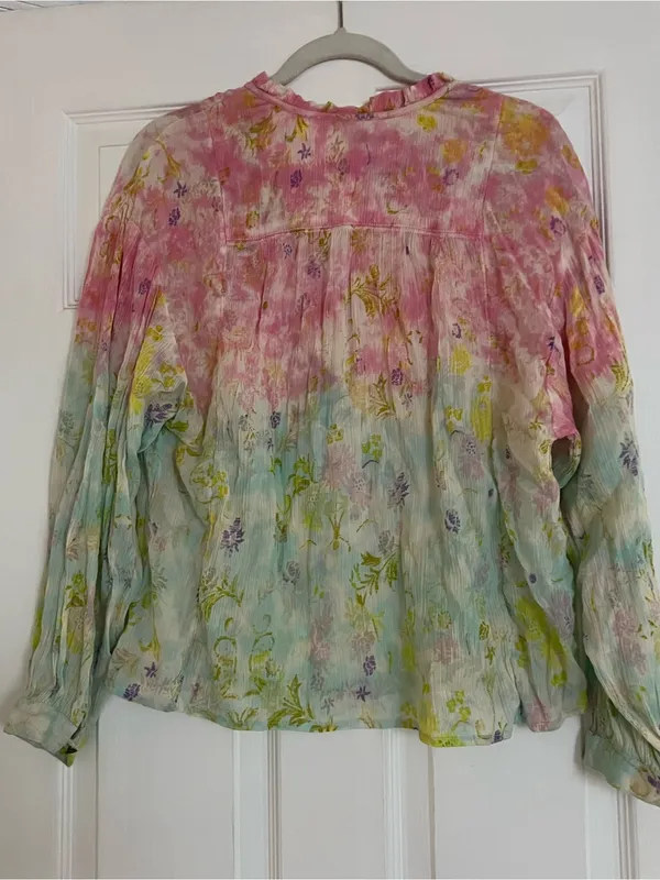 Anthropologie Pink & Mint Floral Tie-Dye Peasant Blouse - Image 2
