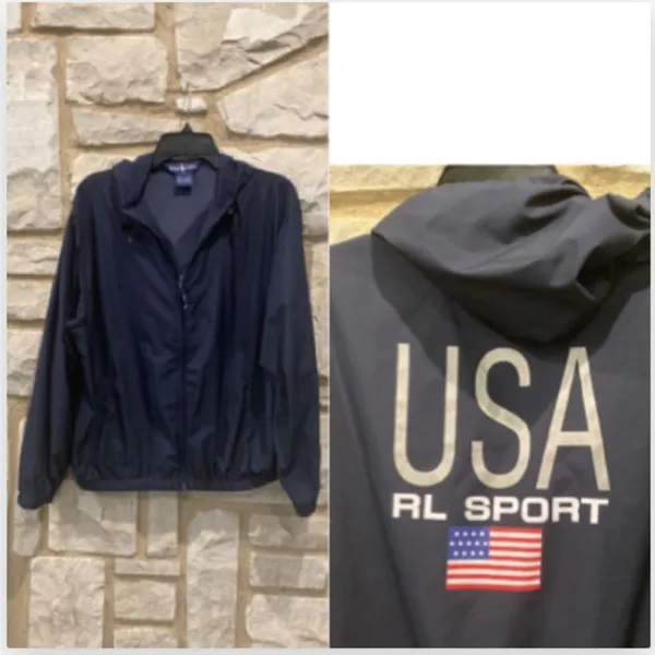 Ralph Lauren Polo USA Blue Zip Up Hoody Spell Out Logo Windbreaker Jacket L - Image 3