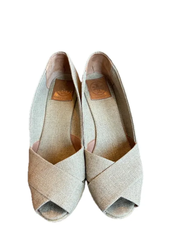 Tory Burch Tan Canvas Peep Toe Espadrille Wedges Platform Stretch Size 9 Women's - Image 2
