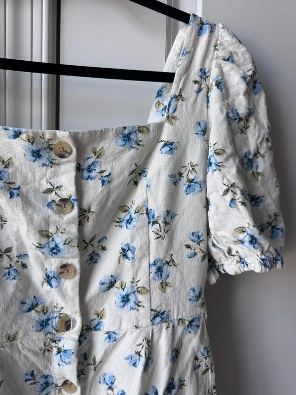 Old Navy White Floral Puff-Sleeve Mini Dress with Blue Floral Print - Image 2