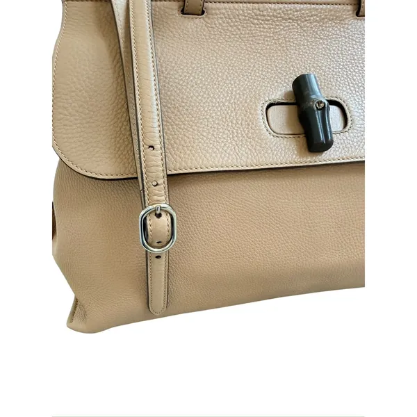 Gucci Large Bamboo Daily 370830 Camel Leather Top Handle 2Way Bag Striped Lining - Image 5
