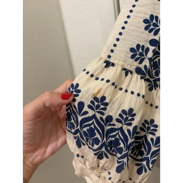 Fig + Flower Woven Boho Peasant Dress Fancy Ivory/ Navy Size L - Image 3