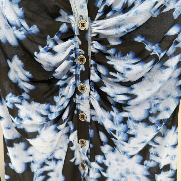 Free People Lucky Shirtee Top Womens S Blue Floral Sheer Ruched Boho Y2K Indie - Image 5