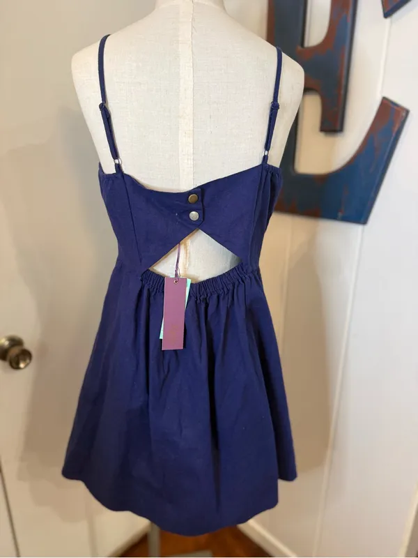 Navy Blue Sundress with Front Cutout and Button Detail Sz L - Image 2