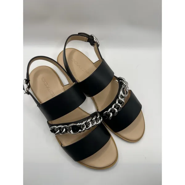 Coach Black Leather Heather LTR Chain Sandals 7.5B Strappy Silver Hardware - Image 2