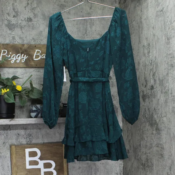 NWT Trixxi Tie-Waist Ruffled Jacquard Dress Belted 26EB4278FI Hunter Green S - Image 6