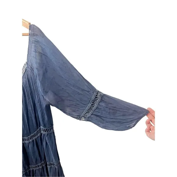 Baci Blue 100% Silk Boho Sheer Midi Dress‎ - Image 3