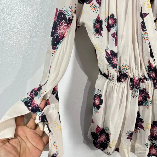 Free People Tuscan Dreams Floral Wrap Blouse BohoPeplum Tie Sleeve Top Cream‎ XS - Image 9