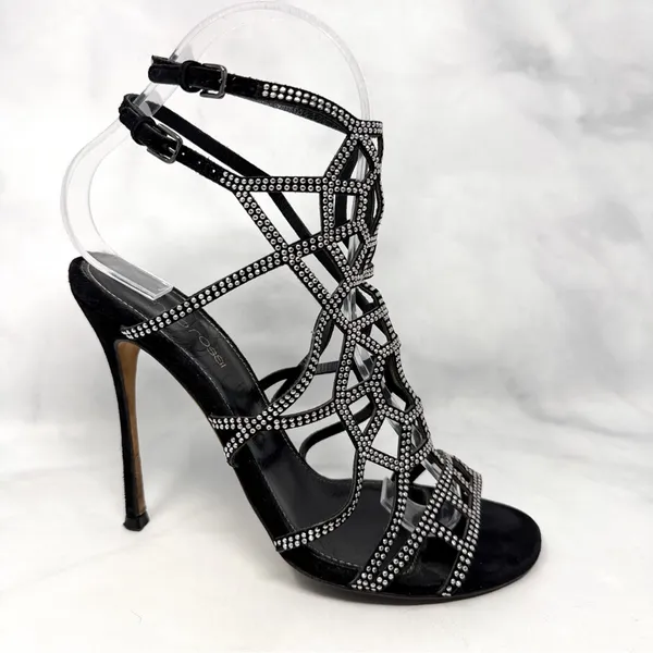 Sergio Rossi Vintage Y2K Studded Spider Web Strappy Sandal Heels Black Widow 36 - Image 2