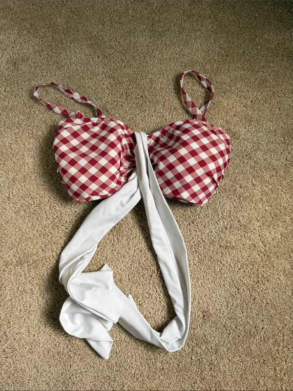 Unique Vintage Red & White Gingham Retro Bikini Top With Large White Bow - Image 3