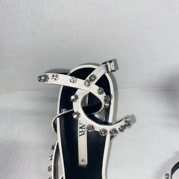 Zara White Leather Studded Embellished Rhinestone Heeled Sandals Women's 41 11 - Image 7