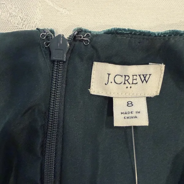 J. Crew Factory‎ Size-8 Green Velvet Mini Shift Dress Sheer Sleeves Mod Party - Image 2