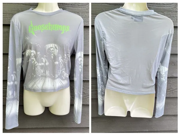 Y2K Horrorcore Goosebumps Slappy Mesh Crop Top Long Sleeve Goth Grunge Size M - Image 2