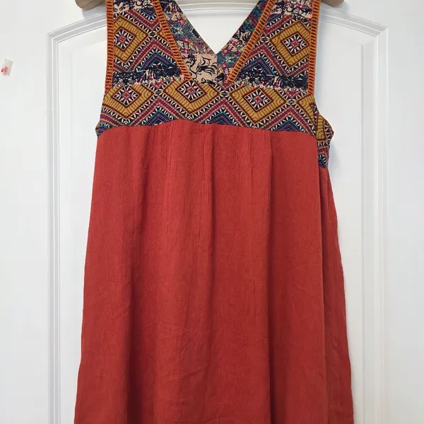 THML Embroidered Boho Mini Dress Size Large Red Orange Travel Anthropologie Vaca - Image 2