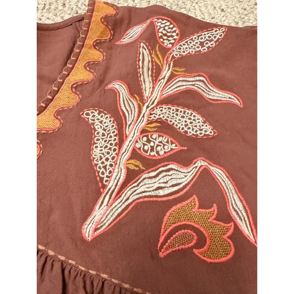 NWT Easel Floral Embroidered Boho Babydoll Mini Dress Mocha Brown M - Image 8