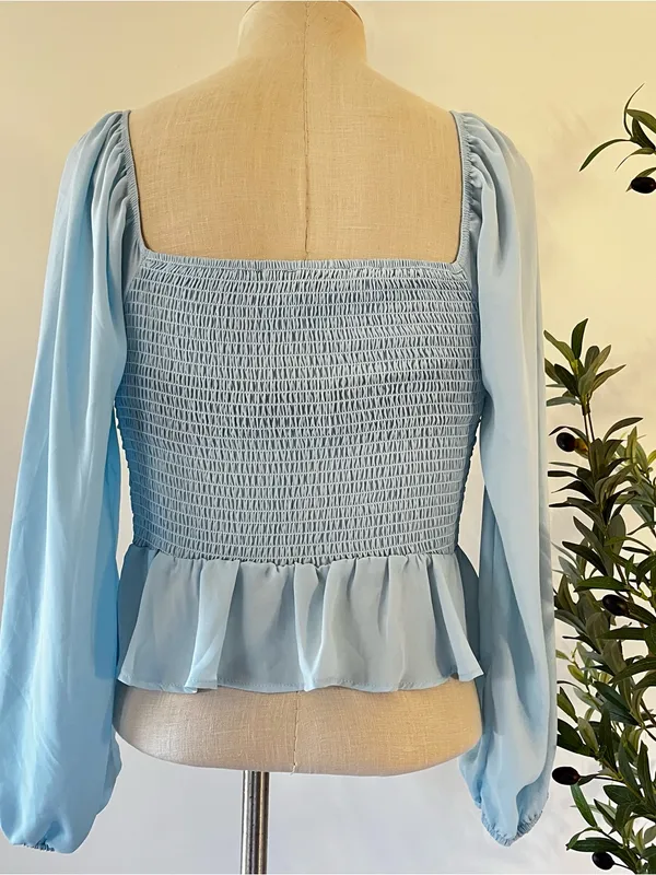 Shinestar Light Blue Smocked Peplum Blouse with Balloon Sleeves - Image 2
