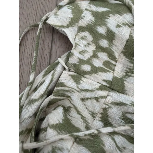 Zara Womens Green Ikat Print Lace Up Back Midi Dress Ruched Slit Summer‎ Boho M - Image 6