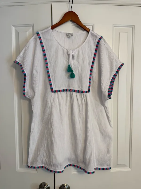 J.Crew Factory White Tassel Beach Tunic with Pink, Green and Blue Trim 2X - Image 3