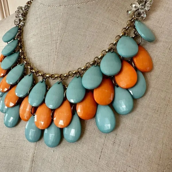 Orange and blue teardrop double strand statement necklace - Image 2
