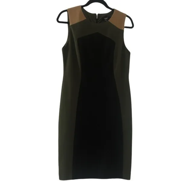 Premise Colorblock Sheath Shift Career Office Black Tan Moss Green Dress 8 - Image 3
