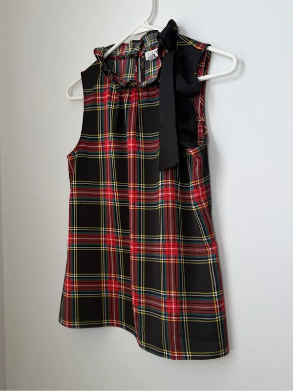 J. Crew Tartan Bow Neck Tank with Ruffles Plaid Tank Top Size XXS - Image 2
