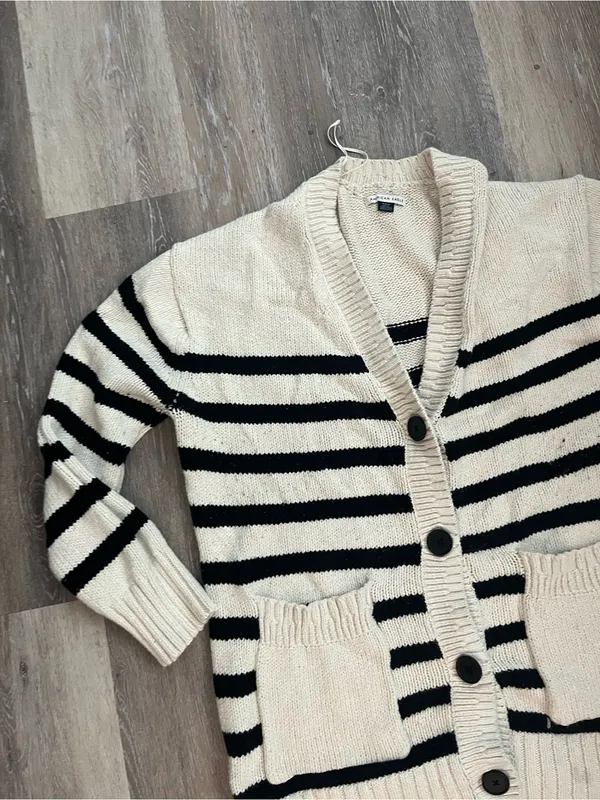 American Eagle Cardigan Womens Medium Ivory Black Striped Knit Shawl Collar - Image 8