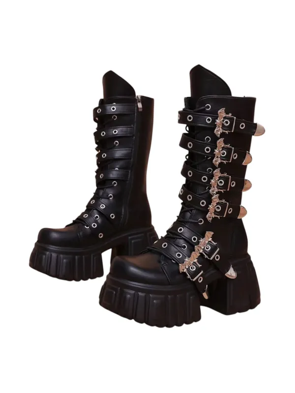 Gothic Punk Black Platform Goth Boots with Bat Buckles Size 9 - Image 2