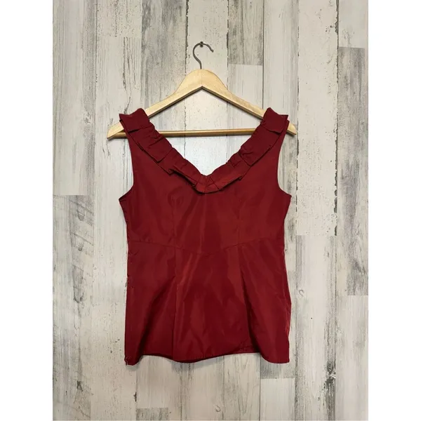 Ann Taylor Red Ruffle V Neck Sleeveless Blouse Top Career Work Office Size 2 - Image 2