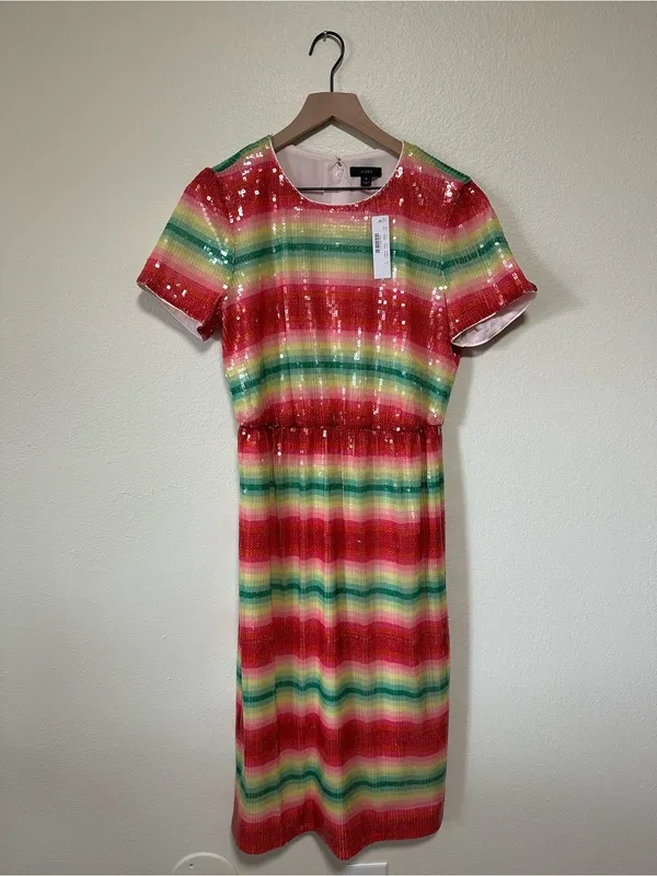 💗🆕J. Crew Watermelon Sequin Pink Multi-Stripe Midi Short Sleeve Dress✨NWT✨ - Image 3