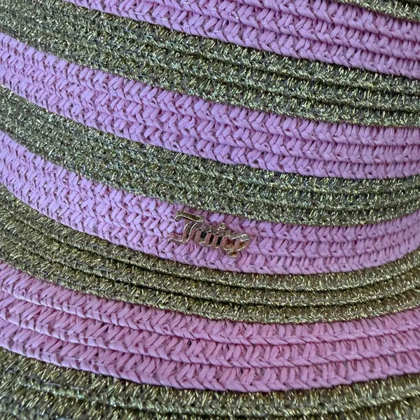 Juicy Couture‎ OS Pink Gold Stripe Straw Sun Hat Wide Brim Metallic Logo Beach - Image 6