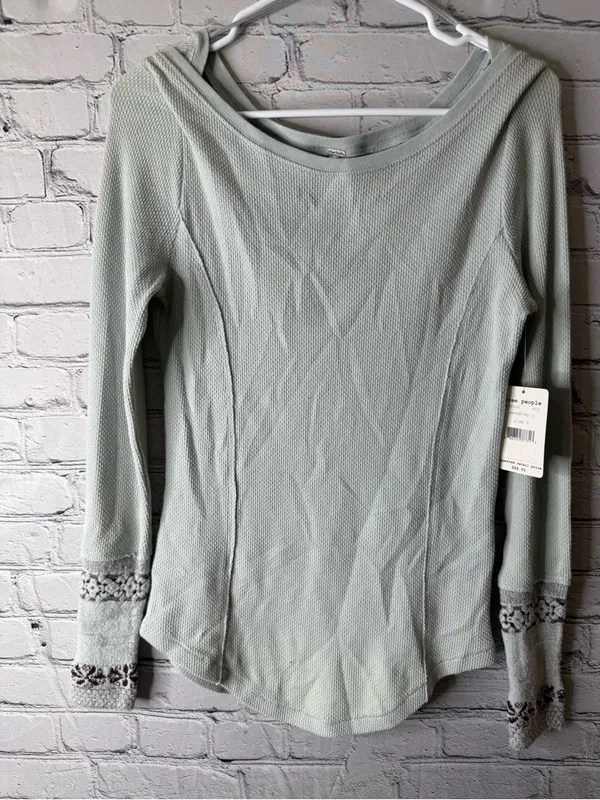 NWT Free People Sage Green Thermal Long Sleeve with Embroidered Cuffs large - Image 3