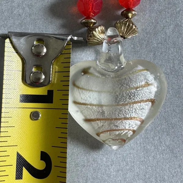 Artisan Glass‎ Heart Pendant Necklace Red Beaded Gold Tone Swirl Romantic Boho - Image 7