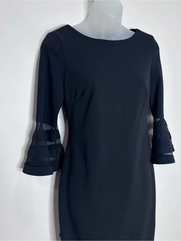 Calvin Klein Black Midi Sheath Dress Tiered Mesh Sleeves size 2 Classic - Image 2