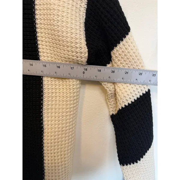 Unbranded Waffle Knit Sweater Women M Black Cream Excellent Striped Pullover - Image 4