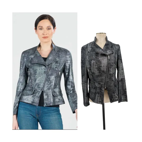 Clara Sunwoo Metallic Liquid Leather Textured Biker Jacket Gunmetal Small - Image 2