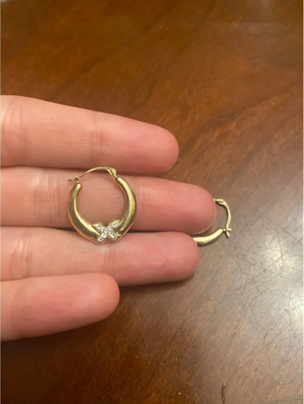 C486 Gold tone Hoop Earrings with Rhinestone X Detail 925 sterling silver - Image 2
