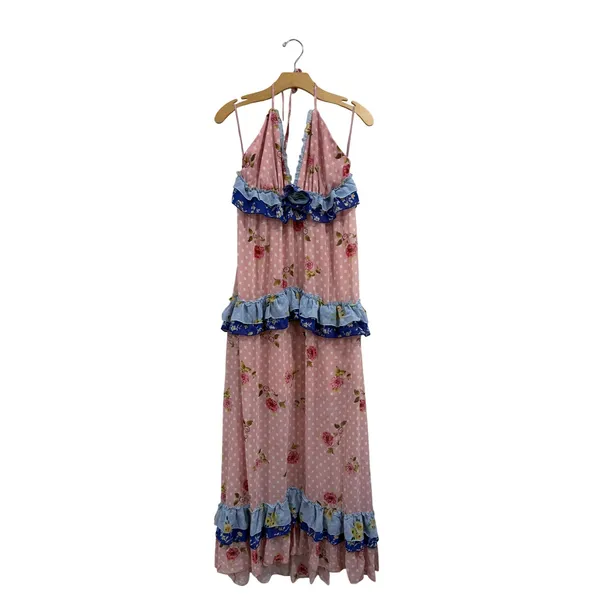 Faeriesty Pink Floral Tiered Halter Maxi Dress Ruffle Cottagecore XL Rose Print‎ - Image 3