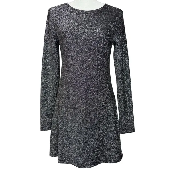 Reformation Dress M Riley‎ Fit & Flare Long Sleeve Metallic Dress Sparkly LBD - Image 3