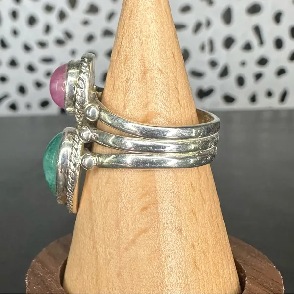Sterling Silver Pink and Green Moonstone Two Stone Triple Band Ring Size 7 - Image 2