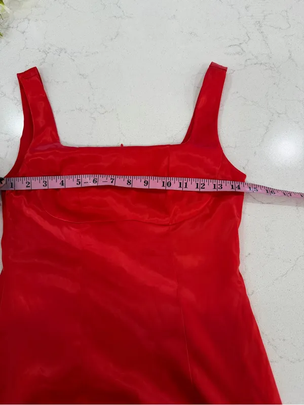 Satin Square-Neck Red Mini Dress with Ruffle Hem - Image 5