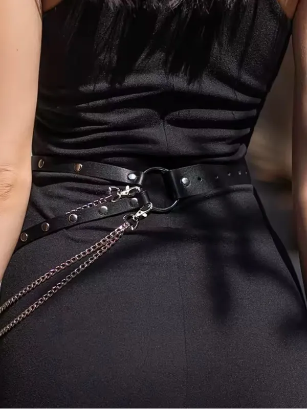 Black Studded Leather Chain Waist Belt - Women Accessories - Image 4