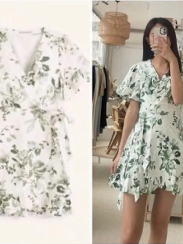 Abercrombie & Fitch Green Floral Wrap Mini Dress Ruffle Hem XXS - Image 9
