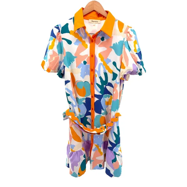 Ultramarine Abstract Print Linen Blend Belted Mini Dress Art Deco Eclectic Mod M - Image 2