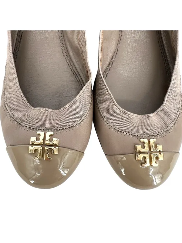 Tory Burch Jolie Ballet Flats Beige Leather Cap Toe Logo Size 8 Quiet Luxury - Image 2