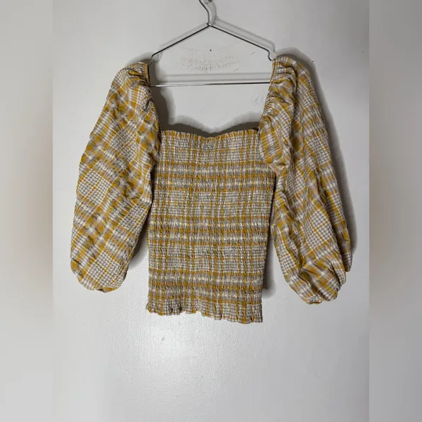 Anthropologie Maeve Plaid Square-Neck Blouse Yellow Natural‎ Motif Size XS - Image 2