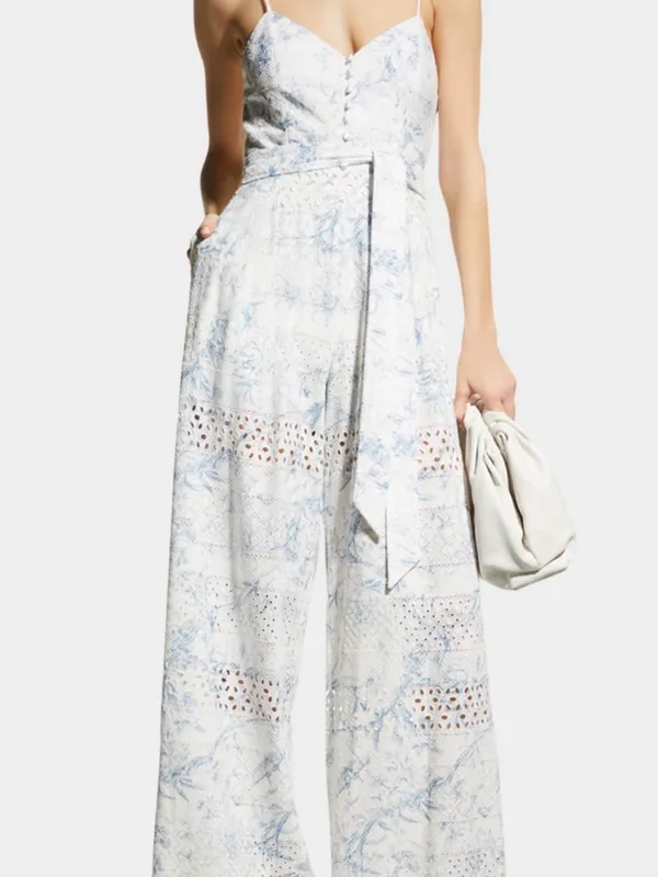 Alice + Olivia Shanti Blue & White Floral Toile Eyelet Wide Leg Jumpsuit XS 0/2 - Image 7