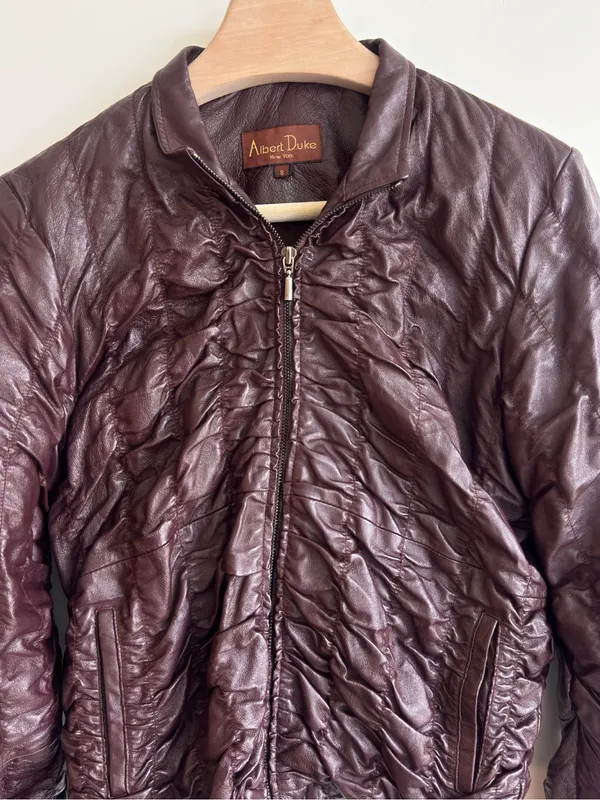 Vintage Albert Duke New York Genuine Leather Ruched Jacket Burgundy Cropped S - Image 5