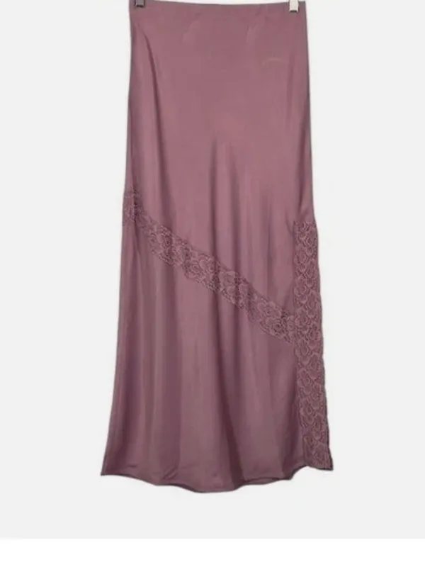 NWOT Free People Y2K Dusty Rose Silky Satin Midi Skirt Cottagecore Lace Pull On - Image 2