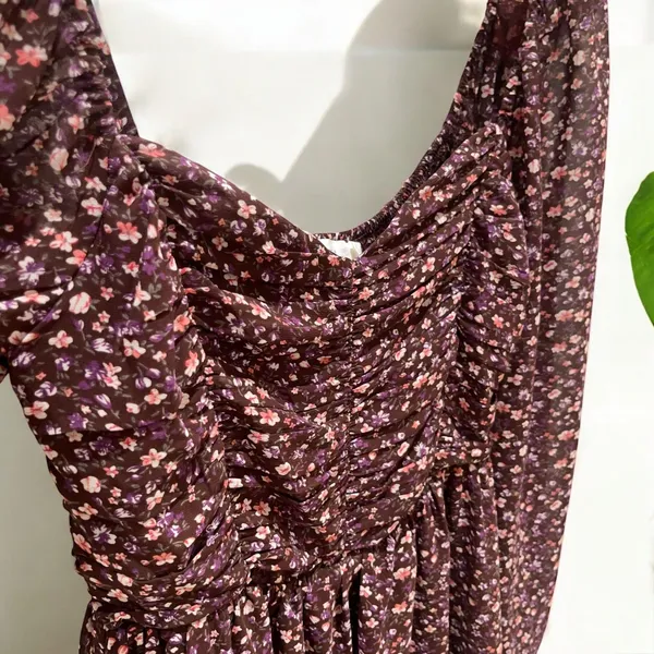 LUSH Boho Smocked Sweetheart Milkmaid Dress in Brown Berry Floral - Image 10