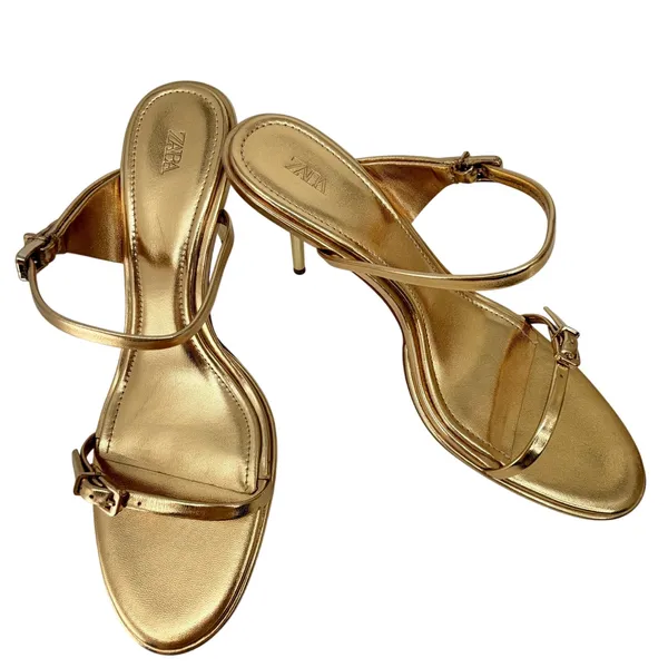 ZARA Metallic Gold Strap Stiletto Heels Sandals 3.1" 9 EUC - Image 3